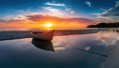 Golden sunset paints the horizon as a boat rests on a tranquil summer shore.の素材