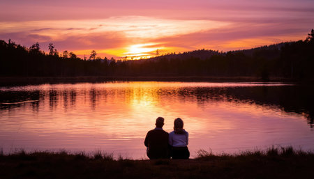 Couple enjoying a serene sunset by the tranquil lake during summer season.の素材