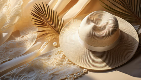 Summer hat and elegant accessories on a serene sunlit surface.の素材