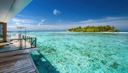 Breathtaking summer vista of crystal clear waters and lush island paradise.の素材