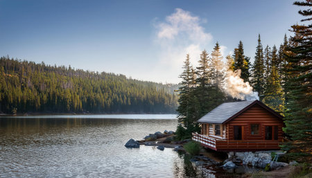 Summer retreat on the lake with a cozy cabin surrounded by lush greenery.の素材