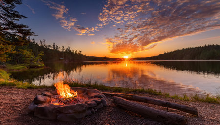Sunset views by the lakeside with a cozy campfire in summer season.の素材