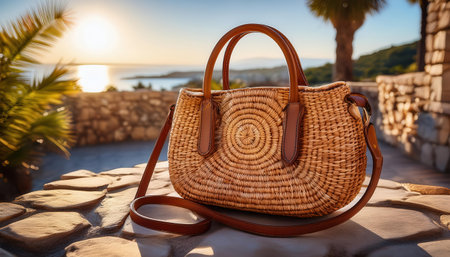 Elegant straw handbag resting on a stone table during a warm summer sunset.の素材
