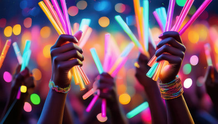 Vibrant celebration of summer nights with colorful glow sticks amidst joyful revelers.の素材
