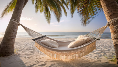 Relaxing in a hammock under the palm trees on a serene summer beach.の素材