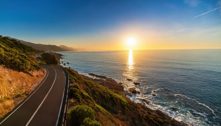 Beautiful coastal road during a vibrant summer sunset along the ocean.の素材