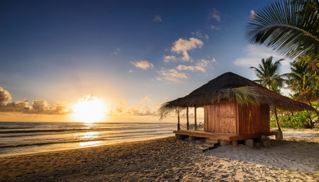 Sunset beach retreat with palm trees on a serene summer evening by the ocean.の素材