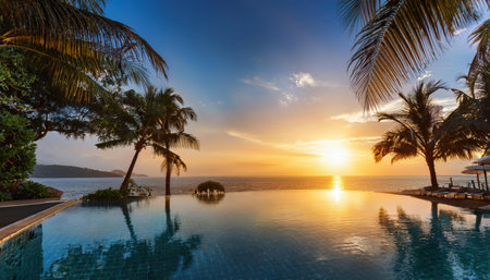 Breathtaking sunset over tranquil poolside with palm trees in summer season.の素材