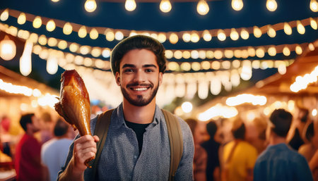 Summer nights filled with joy and delicious treats at a vibrant market.の素材