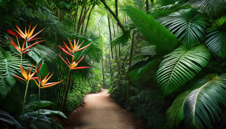 Vibrant blooms along a serene pathway in a lush tropical forest setting.の素材