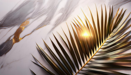 Golden light dancing on a palm leaf against a marble background in summers embrace.の素材