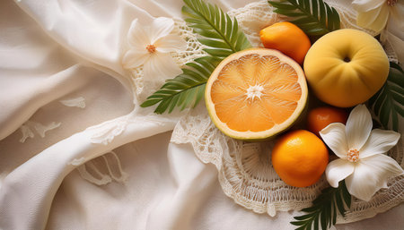 Vibrant summer fruits and delicate blossoms arranged on a lace cloth.の素材