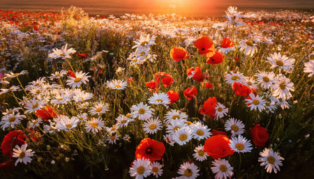 Vibrant wildflowers bloom under the golden sunlight during summer season.の素材