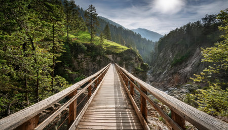 Explore the serene wooden bridge surrounded by vibrant greenery on a sunny summer day.の素材