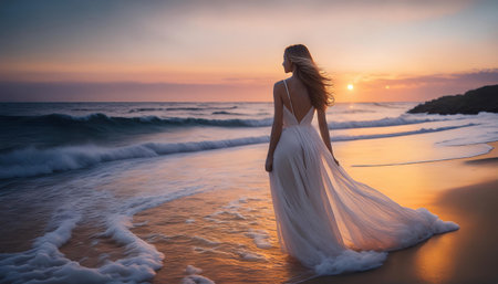 Embracing the warmth of summer at sunset by the ocean waves.の素材