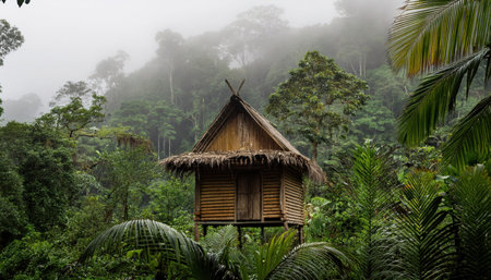 Explore the tranquil summer retreat nestled in lush green vegetation.の素材
