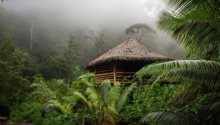 Serene summer retreat nestled in lush greenery surrounded by mysterious mist.の素材