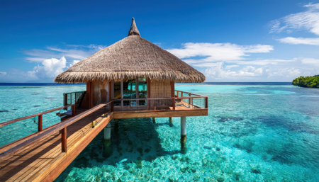 Experience vibrant summer bliss at a tropical beachfront villa overlooking crystal clear waters.の素材