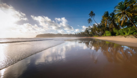 Vibrant summer days at a serene beach with palm trees swaying in the warm breeze.の素材