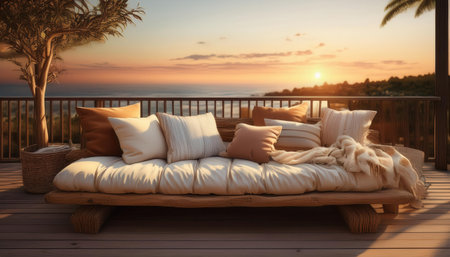 Serene summer evening on a cozy deck overlooking a vibrant sunset by the ocean.の素材