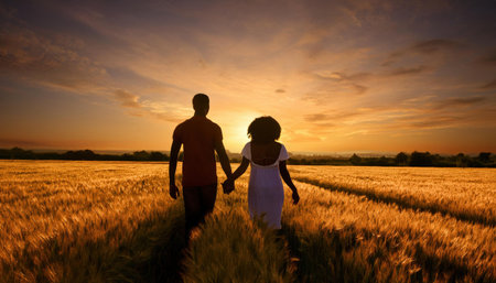 Couple walks hand in hand through golden wheat field at sunset in vibrant summer warmth.の素材