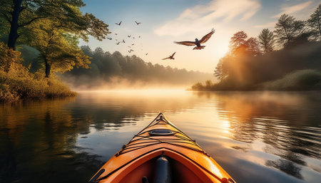 Kayaking across a serene lake at dawn with vibrant summer colors and wildlife in the sky.の素材