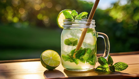 Refreshing drinks bursting with flavor showcased in a vibrant summer setting.の素材