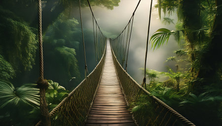 Exploring a vibrant hanging bridge in a lush tropical forest during summer.の素材