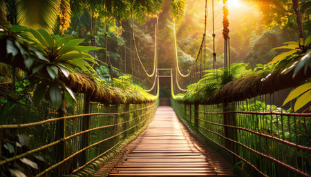 Vibrant summer walk along a lush wooden bridge in a tropical forest.の素材