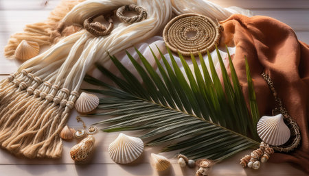Bright summer display of seashells and natural textiles creating a vibrant seasonal atmosphere.の素材