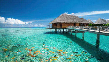 Vibrant summer day by the overwater bungalow with clear turquoise waters and tropical fish.の素材