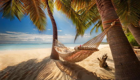 Enjoying a summer day in a vibrant hammock between palm trees by the beach.の素材