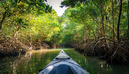 Paddling through vibrant mangroves on a sunny summer day exploring natures beauty.の素材