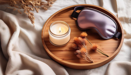 Relaxing summer vibes with fragrant candle and soft sleep mask on cozy tray.の素材