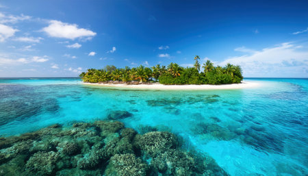 Vibrant summer island paradise surrounded by crystal clear waters.の素材