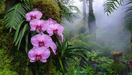 Vibrant orchids cascading in a lush summer forest under a misty embrace.の素材