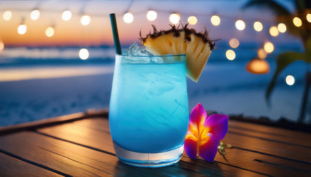 Enjoying a refreshing tropical drink at sunset on a vibrant summer evening by the beach.の素材