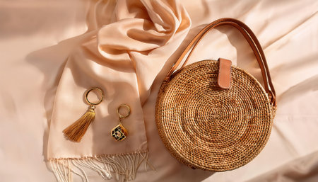 Elegant summer accessories arranged gracefully on a soft fabric surface.の素材