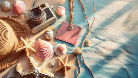 Capture summer memories with seashells and a vintage camera on a vibrant beach backdrop.の素材