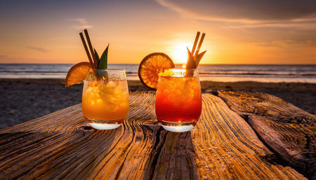 Enjoying vibrant summer cocktails at sunset on a sandy beach.の素材