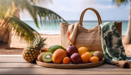 Vibrant summer fruits arranged on a table by the beach with tropical elements.の素材
