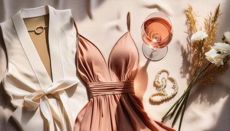 Discover vibrant summer elegance in a fashion display with refreshing beverages and stylish attire.の素材