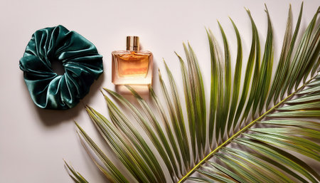 Vibrant summer vibes with a tropical touch featuring a lush palm leaf and stylish accessories.の素材
