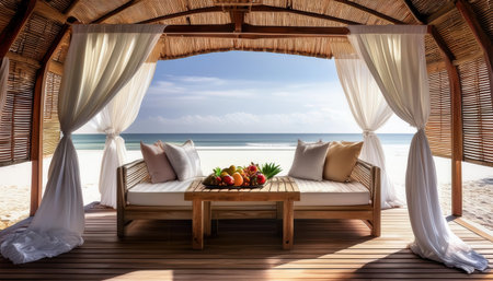 Vibrant summer retreat with fresh fruits and ocean view inviting relaxation and tranquility.の素材