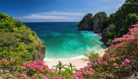 Vibrant summer oasis with turquoise waters and blooming flowers in a tropical paradise.の素材