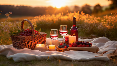 Enjoying a vibrant summer picnic as the sun sets over a picturesque meadow.の素材