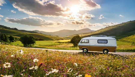 Vibrant summer road trip with a vintage camper amidst blooming wildflowers.の素材