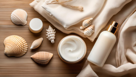 Delicate summer retreat with seashells and natural skincare treasures on wooden surface.の素材