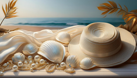 Vibrant summer treasures on a tranquil beach setting with seashells and a stylish hat.の素材