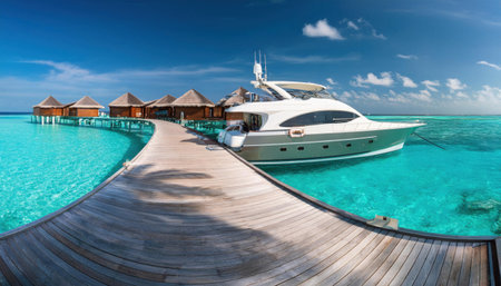 Vibrant summer day on the water with luxury yacht and captivating turquoise waves.の素材